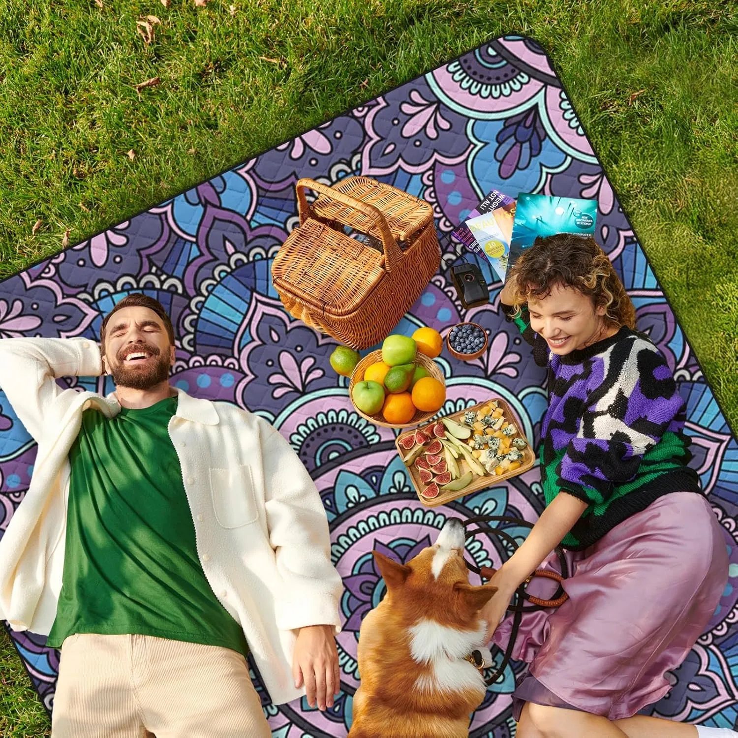 Nesphy Picnic Blankets Beach Blanket, 79" x 59" Waterproof Sandproof Foldable Large Outdoor Picnic Mat for Beach, Camping, Park, Travel, Concert, Great Gift for Families and Couples (Boho Flowers)