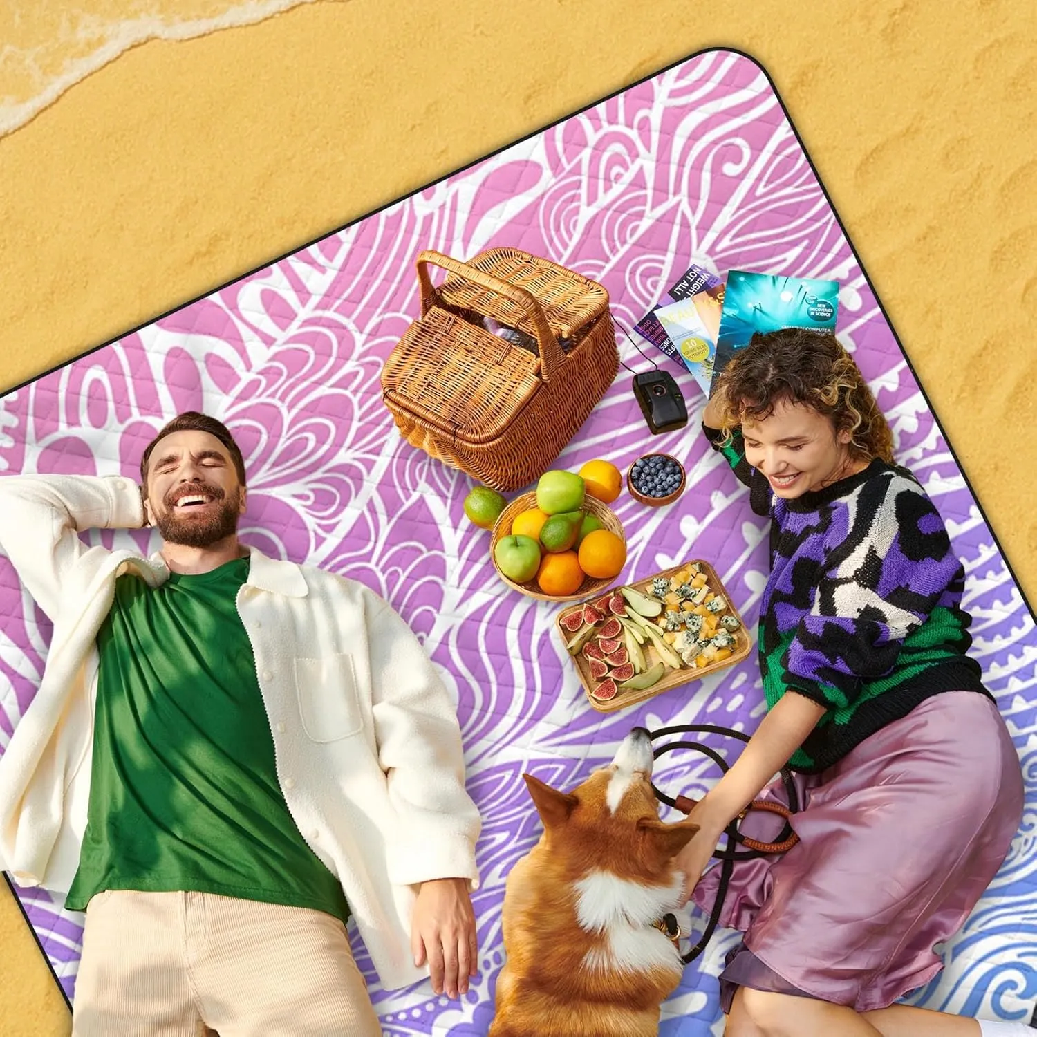 Nesphy Picnic Blankets Beach Blanket, 79" x 59" Waterproof Sandproof Foldable Large Outdoor Picnic Mat for Beach, Camping, Park, Travel, Concert, Great Gift for Families and Couples (Hand Drawing)
