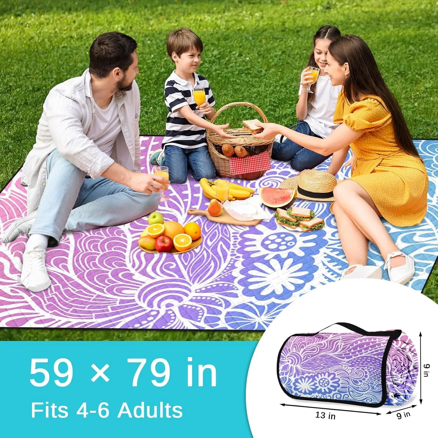 Nesphy Picnic Blankets Beach Blanket, 79" x 59" Waterproof Sandproof Foldable Large Outdoor Picnic Mat for Beach, Camping, Park, Travel, Concert, Great Gift for Families and Couples (Hand Drawing)