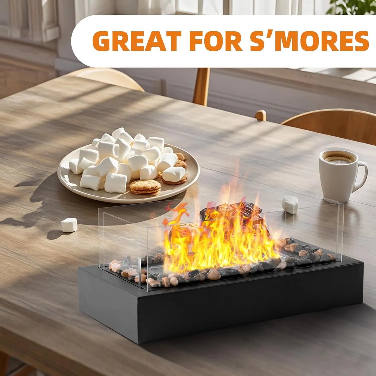 New! Tabletop Fire Pit [3h Burning time], Portable Indoor/Outdoor Small Table Fireplace with Adjustable Flame, Table Top Firepit with Cobblestone, Smores Maker, Christmas Decor