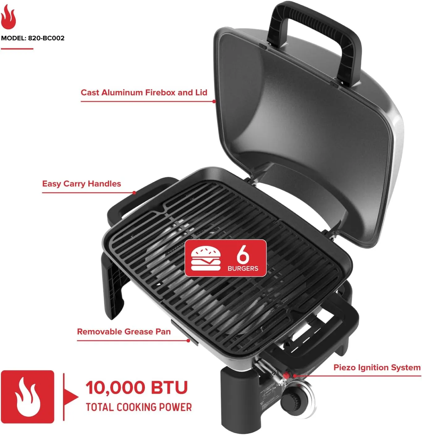 Nexgrill 1-Burner Portable Propane Gas Grill with Lid, Piezo Ignition, 10,000 BTUs, 183 SQ In, Compact Tabletop Grill for Outdoor Cooking, Camping, Tailgating, Gardens, Patios, and More - 820-BC002