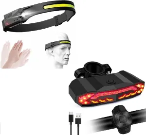 NineLeaf Headlight Rechargeable, 350 Lumen 230 Wide Angle Motion Sensor Headlamp Flashlight Bike Taillight with Turn Signals, Anti-Theft Bicycle Alarm Tail Light with Electric Bell