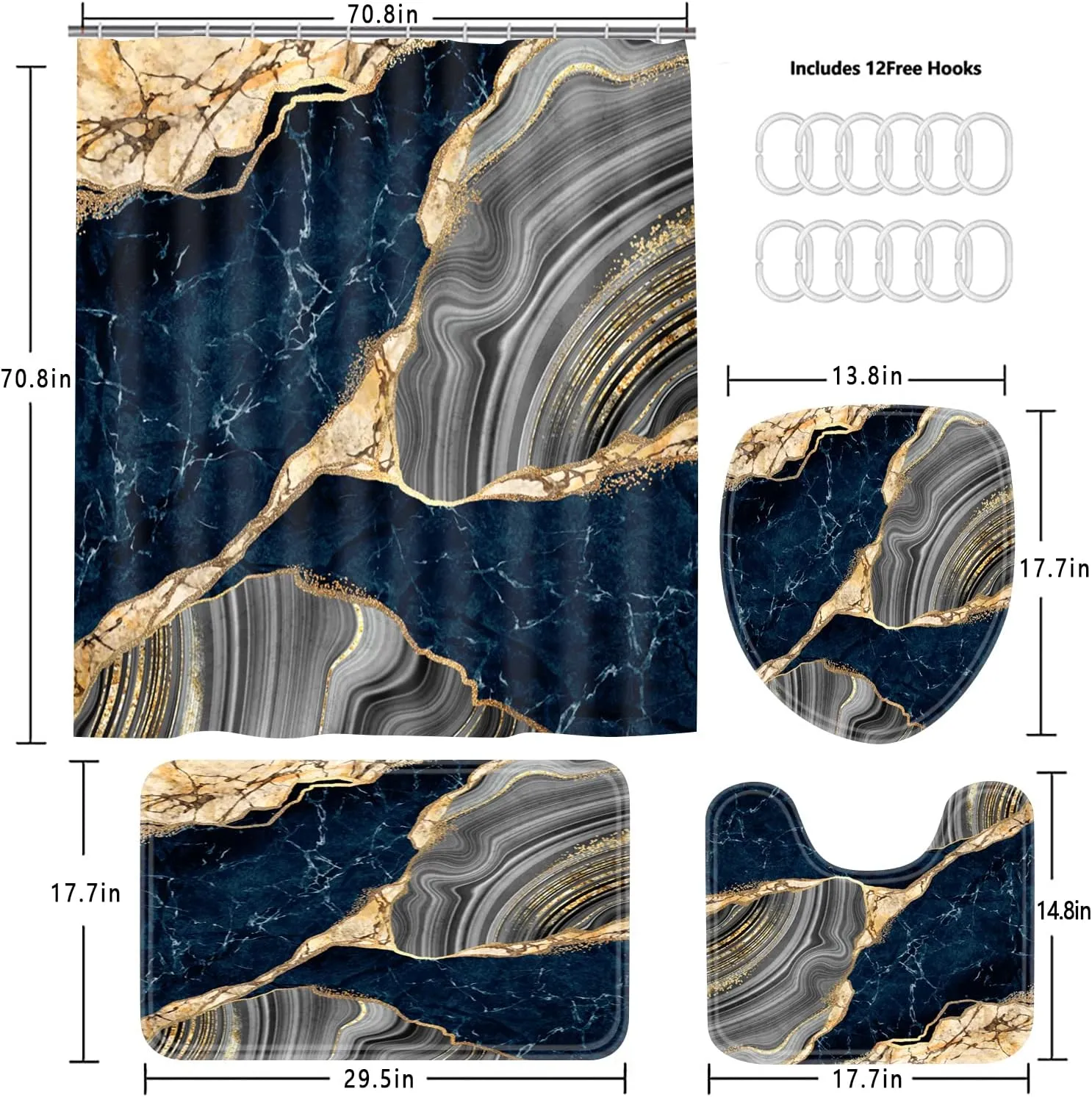 Nkzply 4 Pcs Blue Marble Shower Curtain Sets with Rugs Gold Bathroom Sets with Shower Curtain and Rugs Modern Abstract Grey Bathroom Accessories Decor Toilet Lid Cover and 12 Hooks