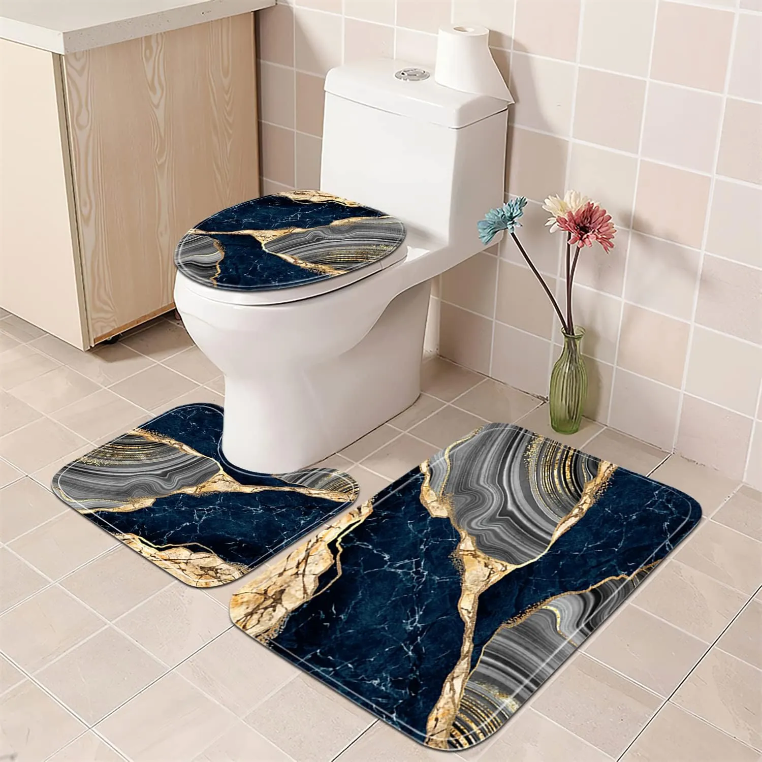Nkzply 4 Pcs Blue Marble Shower Curtain Sets with Rugs Gold Bathroom Sets with Shower Curtain and Rugs Modern Abstract Grey Bathroom Accessories Decor Toilet Lid Cover and 12 Hooks