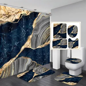 Nkzply 4 Pcs Blue Marble Shower Curtain Sets with Rugs Gold Bathroom Sets with Shower Curtain and Rugs Modern Abstract Grey Bathroom Accessories Decor Toilet Lid Cover and 12 Hooks