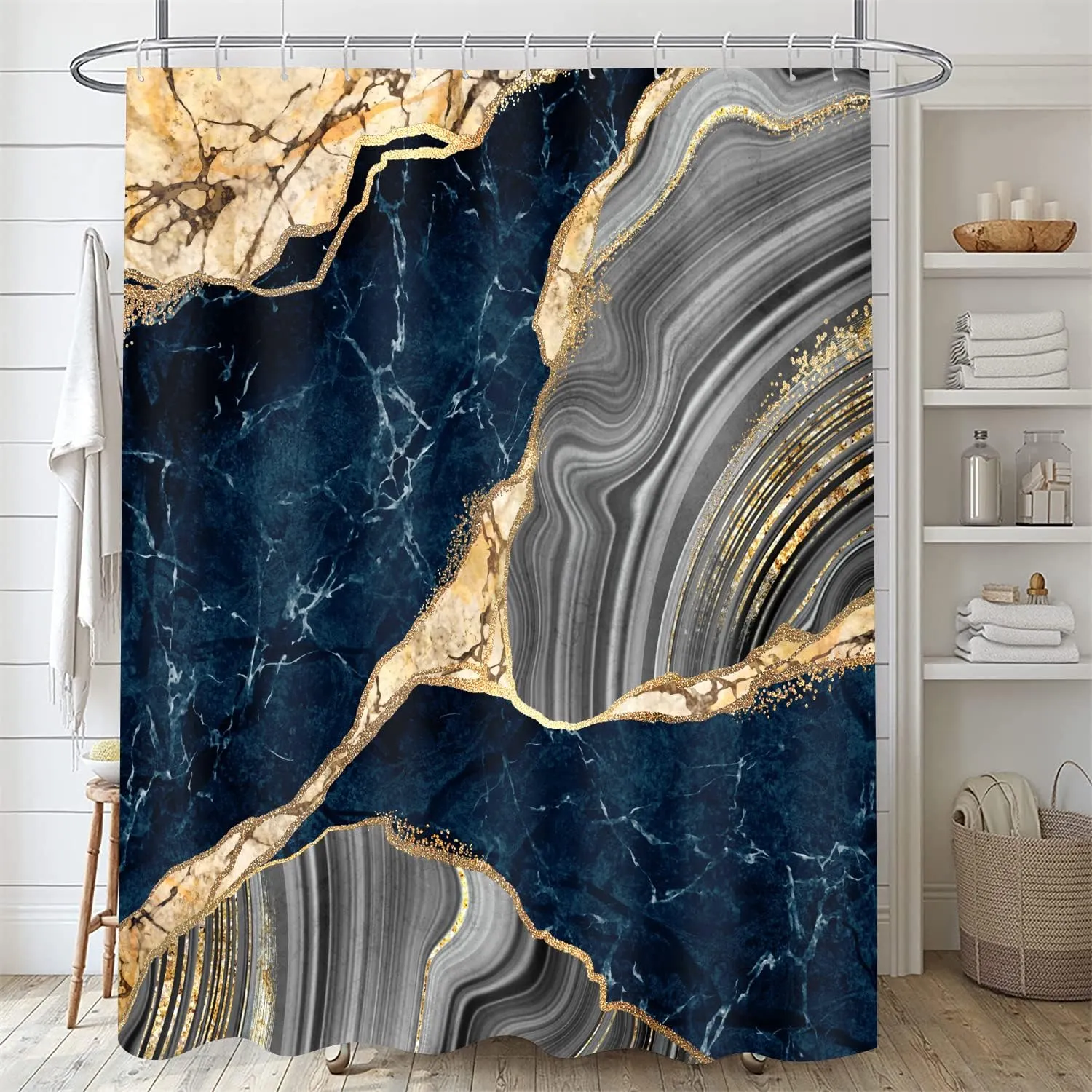 Nkzply 4 Pcs Blue Marble Shower Curtain Sets with Rugs Gold Bathroom Sets with Shower Curtain and Rugs Modern Abstract Grey Bathroom Accessories Decor Toilet Lid Cover and 12 Hooks