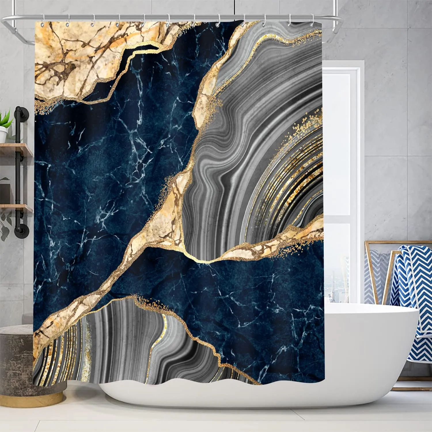 Nkzply 4 Pcs Blue Marble Shower Curtain Sets with Rugs Gold Bathroom Sets with Shower Curtain and Rugs Modern Abstract Grey Bathroom Accessories Decor Toilet Lid Cover and 12 Hooks
