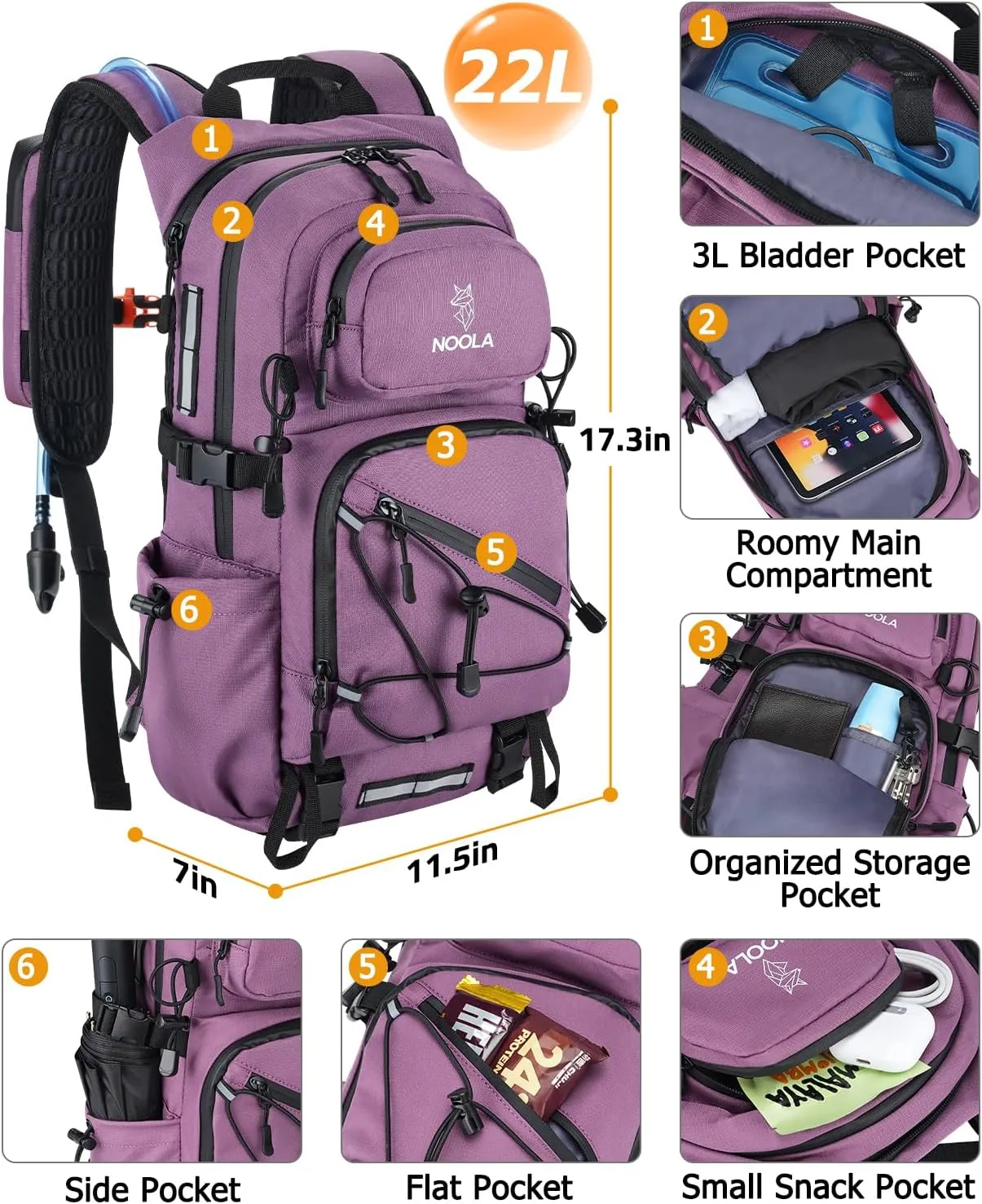 NOOLA Hydration Backpack with 3L Water Bladder, 22L Water Backpack for Hiking Cycling Running Biking, Lightweight Hiking Pack