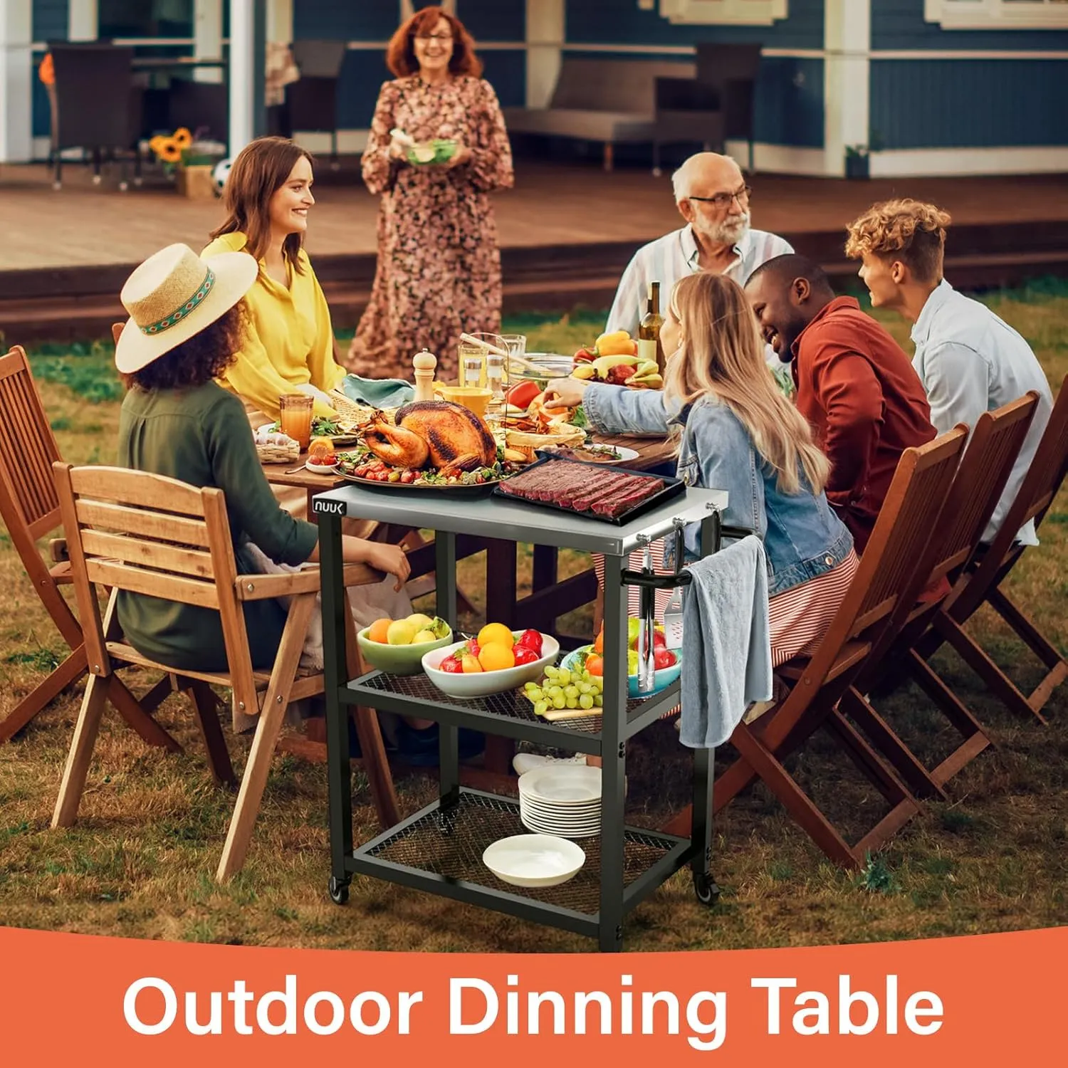 NUUK 3-Shelf Outdoor Dining Table 16" x 24" Rolling Outside Food Prep Movable Kitchen Worktable with Stainless Steel Top and Wheels for Grill Cart