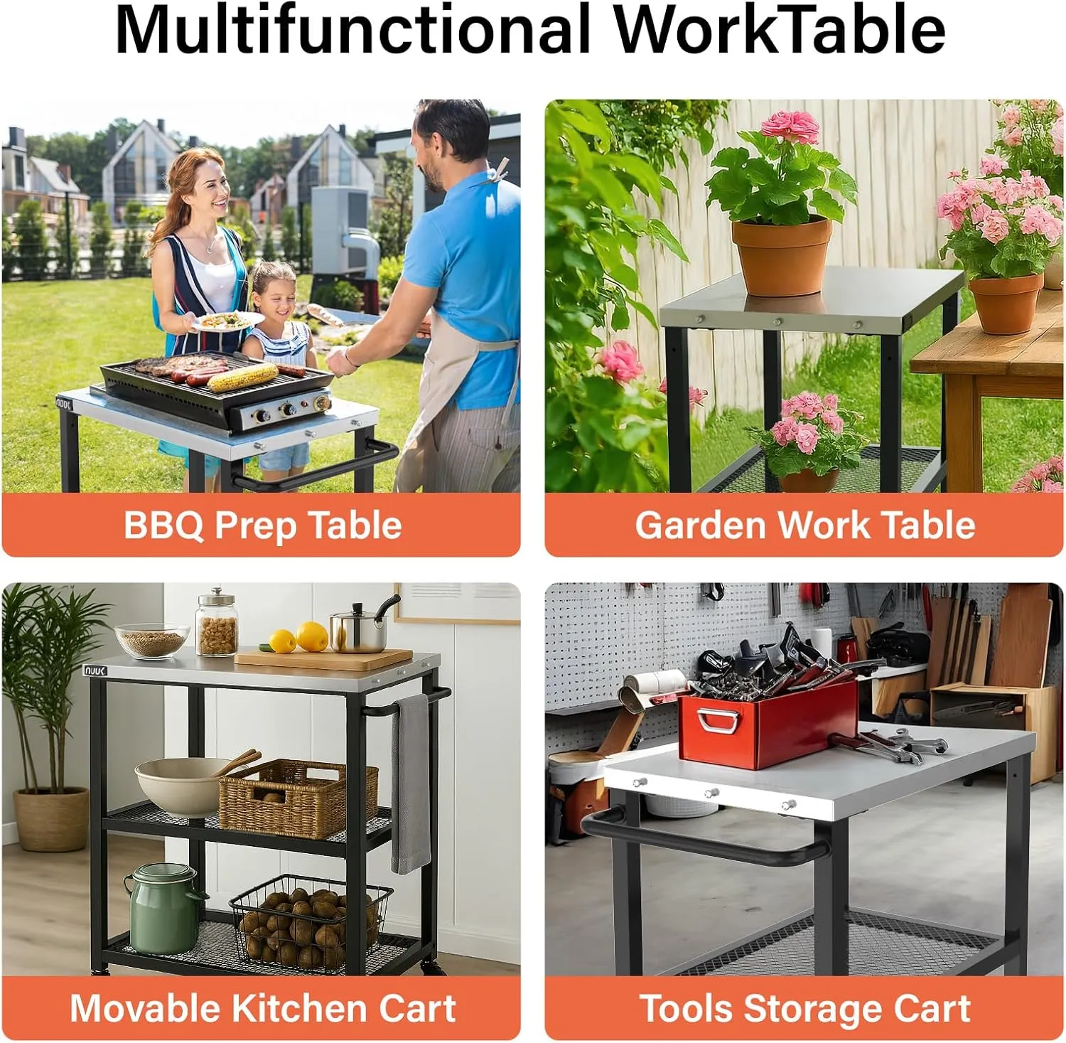 NUUK 3-Shelf Outdoor Dining Table 16" x 24" Rolling Outside Food Prep Movable Kitchen Worktable with Stainless Steel Top and Wheels for Grill Cart