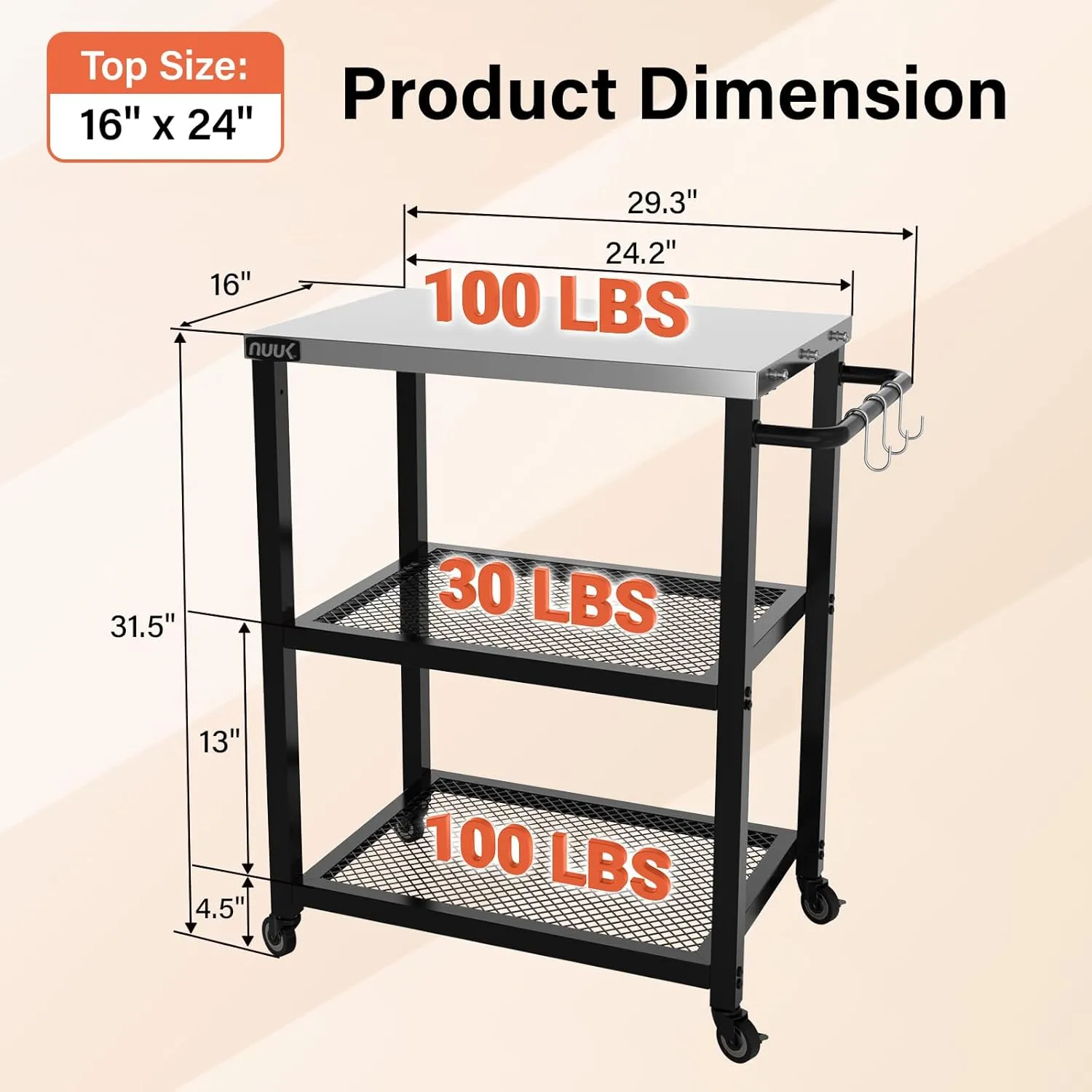 NUUK 3-Shelf Outdoor Dining Table 16" x 24" Rolling Outside Food Prep Movable Kitchen Worktable with Stainless Steel Top and Wheels for Grill Cart