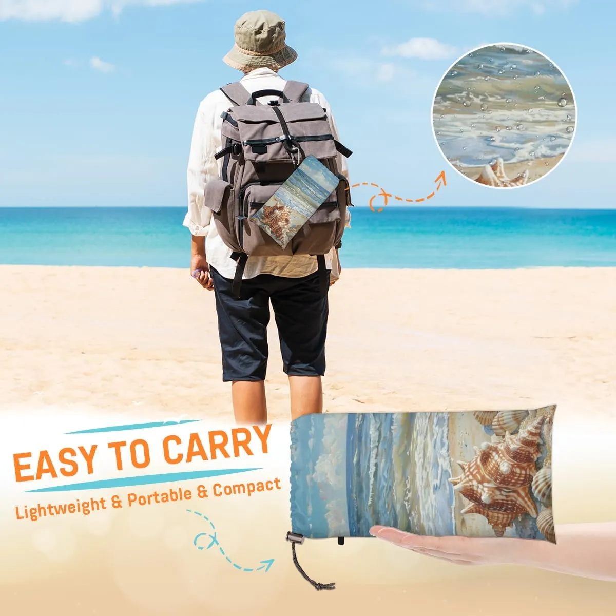 Ocean Beach Shell Beach Blanket, Sandproof Beach Mat, Adults Waterproof Quick Drying Sand Free Mat with 4 x Ground Spikes for Outdoor Travel Camping Hiking, Beach Theme