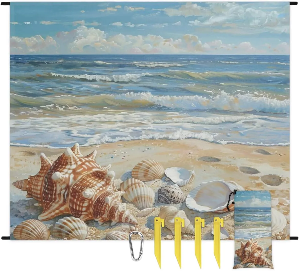 Ocean Beach Shell Beach Blanket, Sandproof Beach Mat, Adults Waterproof Quick Drying Sand Free Mat with 4 x Ground Spikes for Outdoor Travel Camping Hiking, Beach Theme