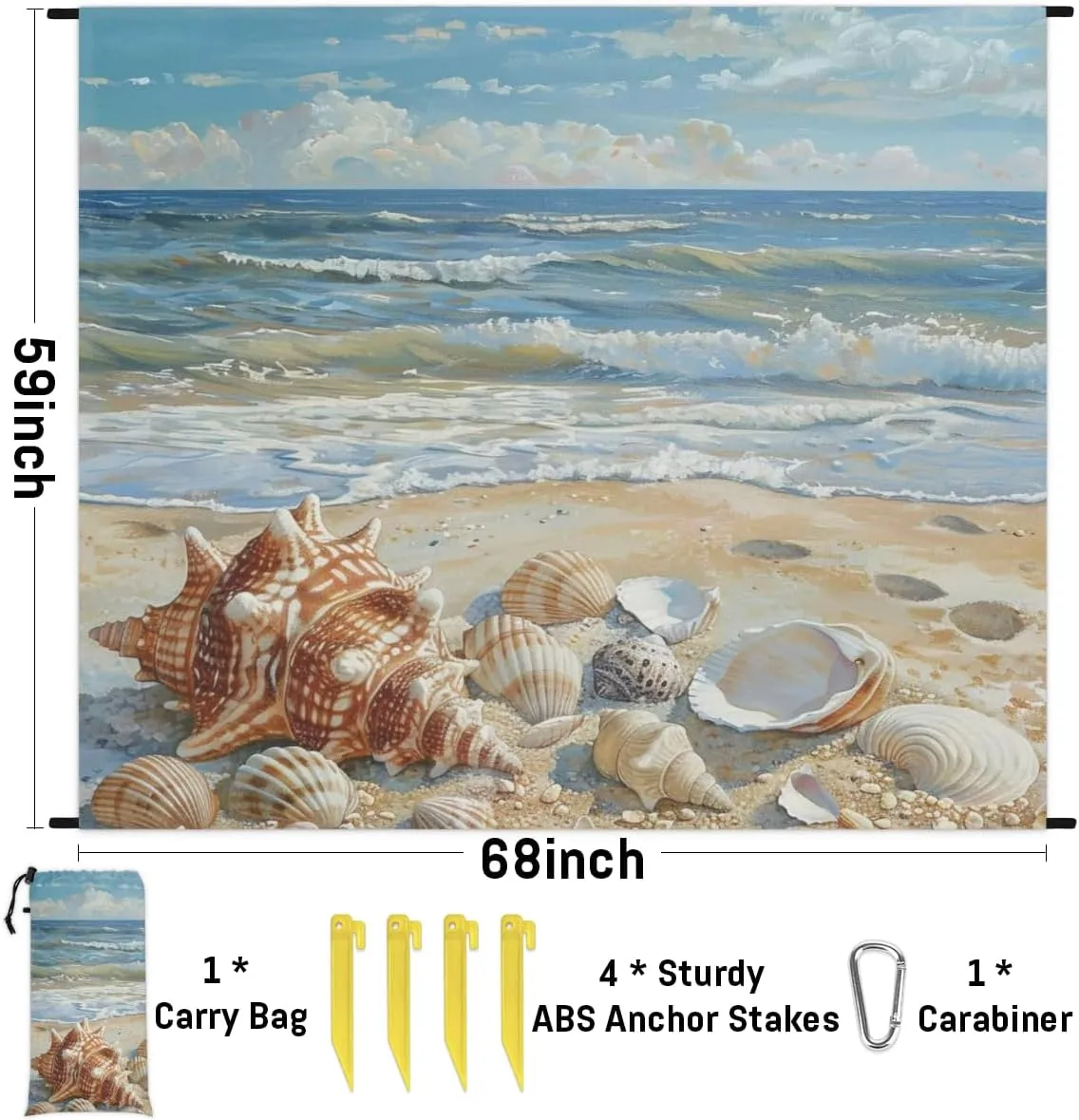 Ocean Beach Shell Beach Blanket, Sandproof Beach Mat, Adults Waterproof Quick Drying Sand Free Mat with 4 x Ground Spikes for Outdoor Travel Camping Hiking, Beach Theme