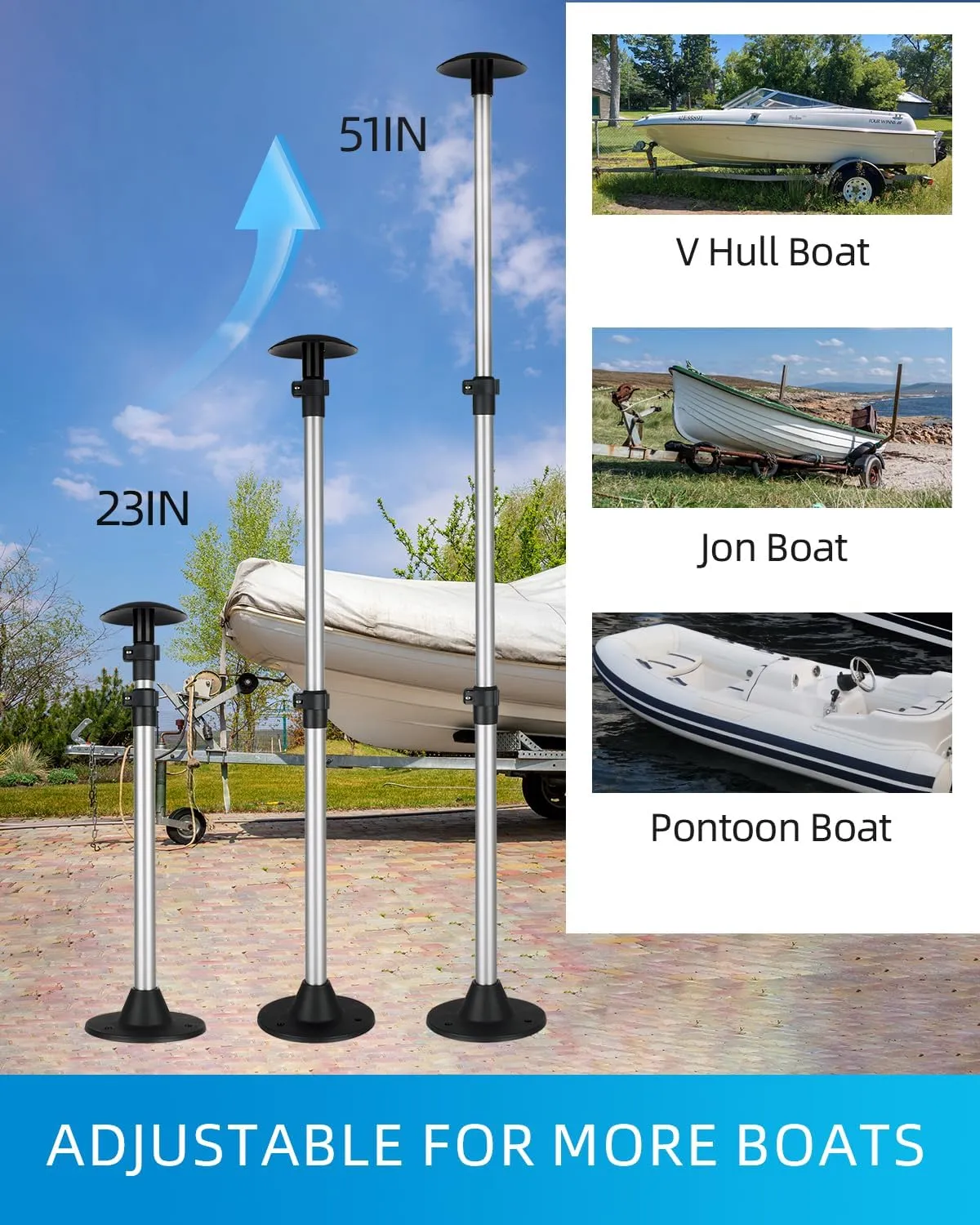 OCEANBROAD Boat Cover Support Pole Adjustable Telescoping Aluminum Pole with Straps, for V Hull/Jon/Pontoon Boat, 2 Pack