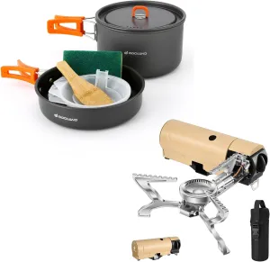 Odoland 9pcs Camping Cookware Non-Stick Lightweight Pots and Pans Set & 1400W Portable Camping Stove