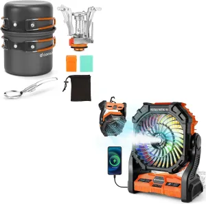 Odoland Bundle - 2 Items 6pcs Camping Cookware Mess Kit and Portable Misting Fan with LED Light