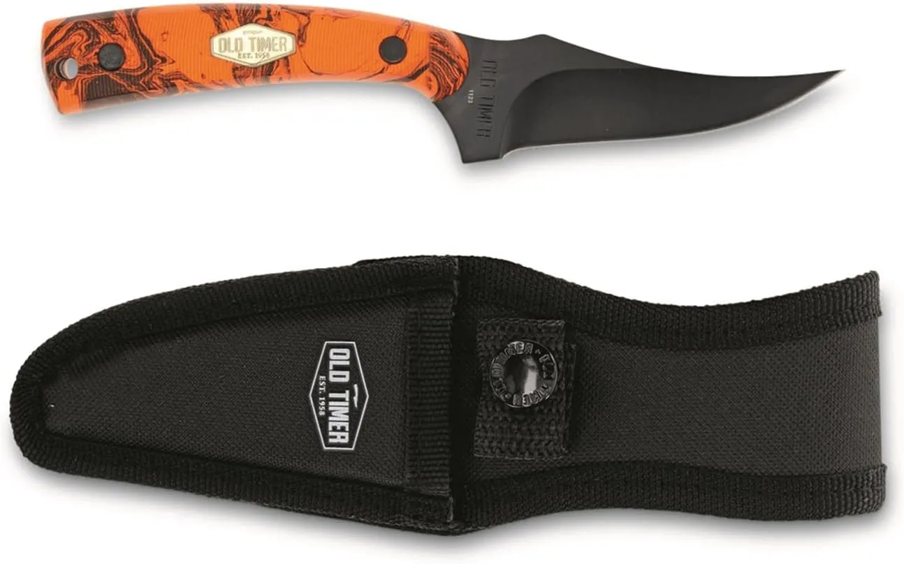 Old Timer Schrade SharpFinger Knife – Orange Camo Handle, Black Blade, Full Tang Stainless Steel, Includes Sheath, Ideal for Hunting, Outdoor, and Survival Use