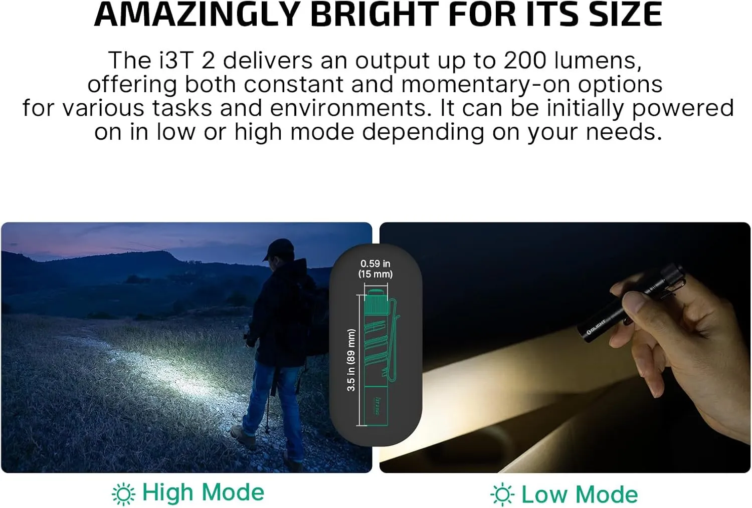 OLIGHT I3T 2 EOS Pocket EDC Flashlight, 200 Lumens Compact Bright Handheld Flash Lights, Dual-Output Tail Switch with AAA Battery and Two-Way Pocket Clip for Camping and Hiking (Black)