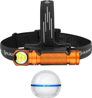 OLIGHT Perun 3 Rechargeable Headlamp Flashlight, 3000 Lumens LED Headlight with Red Light Bundle with Sphere Smart Night Light, 75 lumens Stepless Dimming Table Lamp with Remotely APP Control