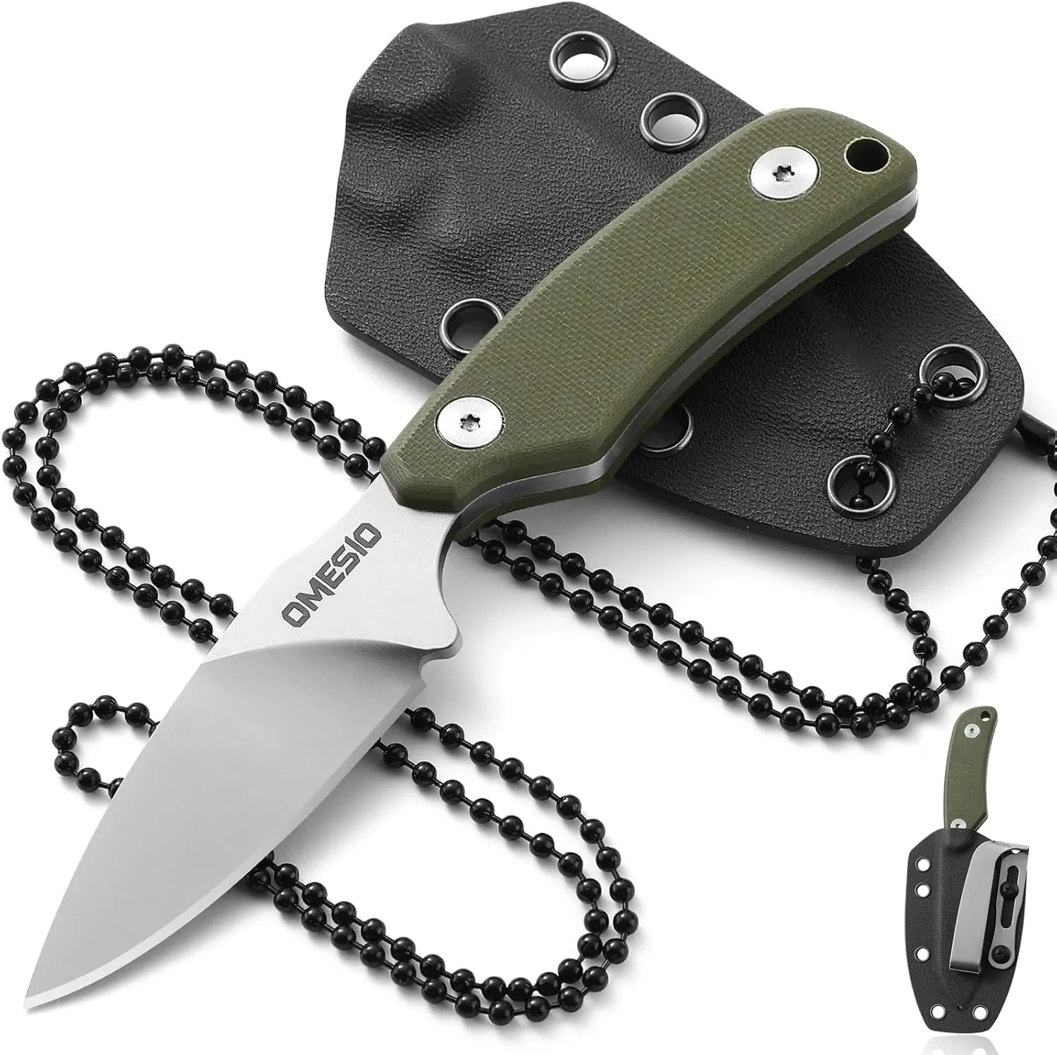 Omesio Compact Neck Knife with Clip, 5.82" Neck Knife with Sheath and Necklace, D2 Steel 2.99-Inch Blade, Full Tang G10 Handle, Fixed Blade for EDC, Hiking, Camping