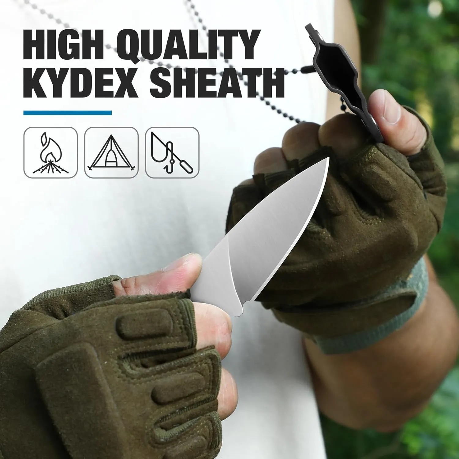 Omesio Compact Neck Knife with Clip, 5.82" Neck Knife with Sheath and Necklace, D2 Steel 2.99-Inch Blade, Full Tang G10 Handle, Fixed Blade for EDC, Hiking, Camping