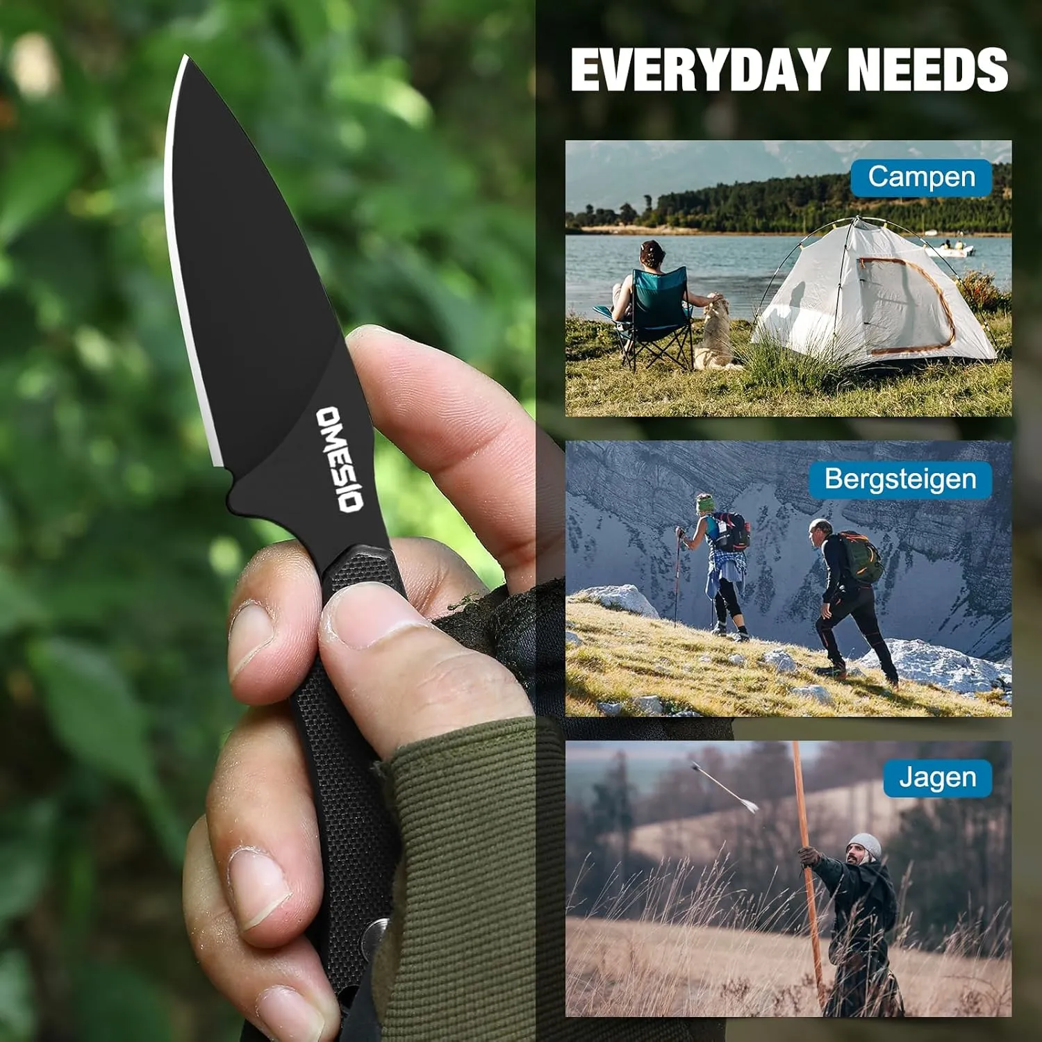 Omesio Neck Knife, 5.82" Neck Knife with Sheath and Necklace, D2 Steel 2.99-Inch Blade, Full Tang Knife with Clip G10 Handle, Fixed Blade Knife for EDC, Hiking, Camping (Black Blade   Black Handle)