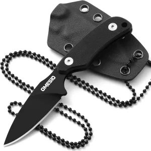Omesio Neck Knife, 5.82" Neck Knife with Sheath and Necklace, D2 Steel 2.99-Inch Blade, Full Tang Knife with Clip G10 Handle, Fixed Blade Knife for EDC, Hiking, Camping (Black Blade   Black Handle)