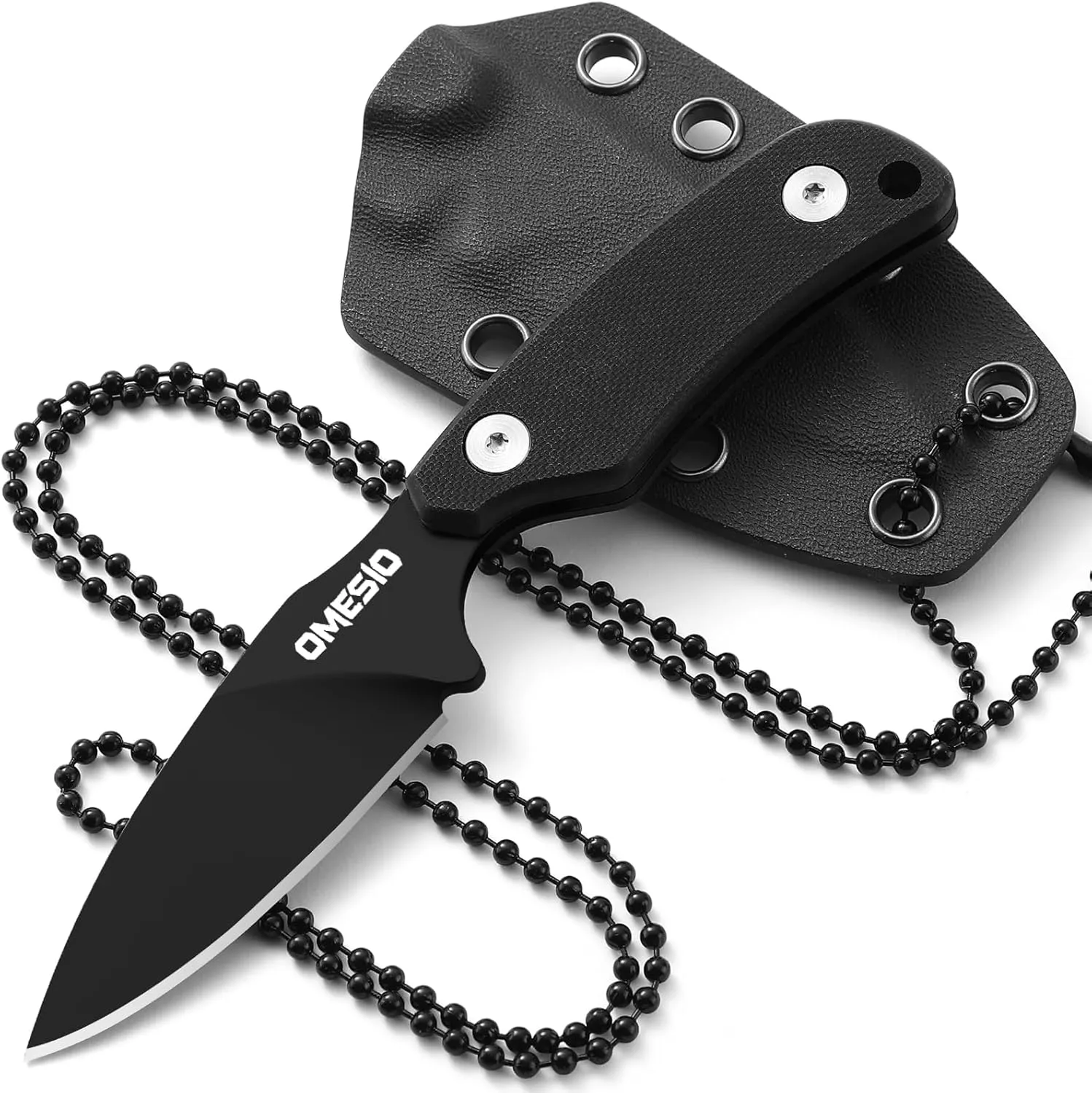 Omesio Neck Knife, 5.82" Neck Knife with Sheath and Necklace, D2 Steel 2.99-Inch Blade, Full Tang Knife with Clip G10 Handle, Fixed Blade Knife for EDC, Hiking, Camping (Black Blade   Black Handle)