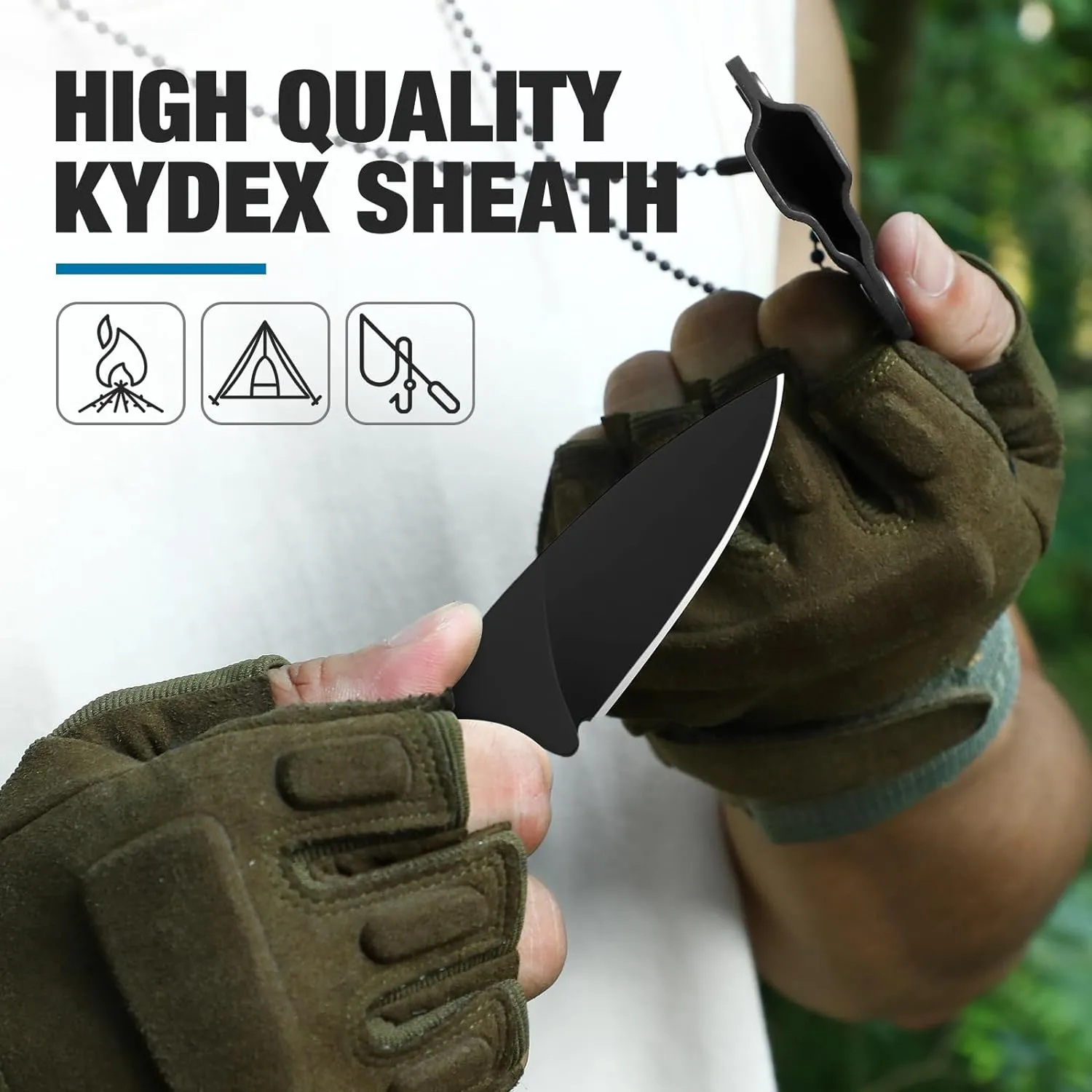 Omesio Neck Knife, 5.82" Neck Knife with Sheath and Necklace, D2 Steel 2.99-Inch Blade, Full Tang Knife with Clip G10 Handle, Fixed Blade Knife for EDC, Hiking, Camping (Black Blade   Black Handle)