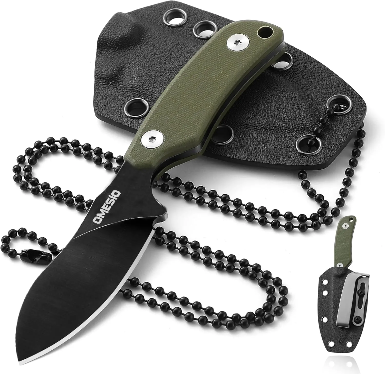 Omesio Neck Knife with Clip, 5.9" Fixed Blade With Kydex Sheath and Necklance, Nessmuk Blade Small Full Tang Tactical, D2 Steel G10 Handle for EDC, Outdoor, Survival
