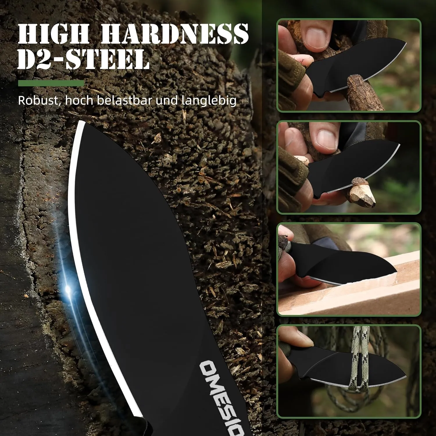 Omesio Neck Knife with Clip, 5.9" Fixed Blade With Kydex Sheath and Necklance, Nessmuk Blade Small Full Tang Tactical, D2 Steel G10 Handle for EDC, Outdoor, Survival