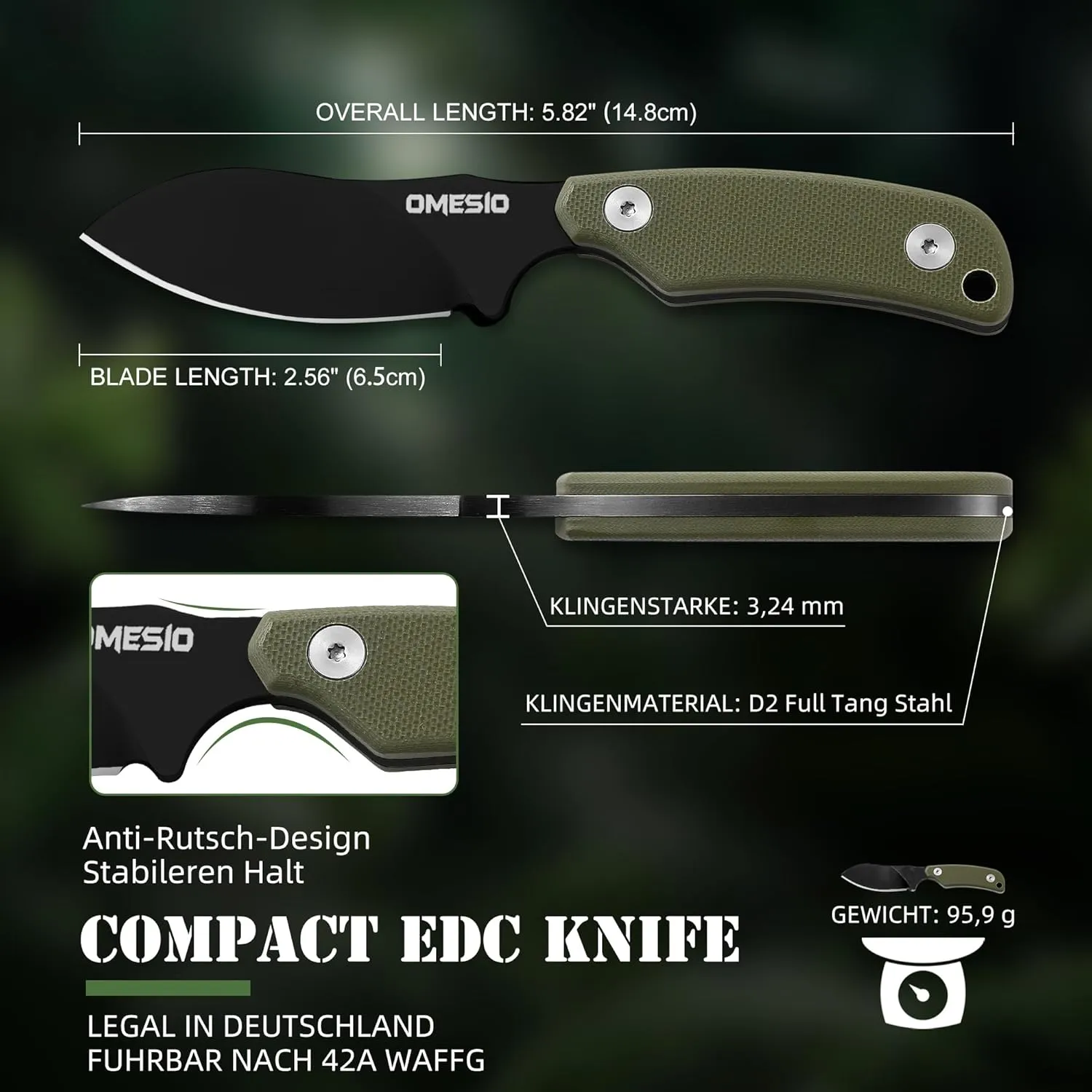 Omesio Neck Knife with Clip, 5.9" Fixed Blade With Kydex Sheath and Necklance, Nessmuk Blade Small Full Tang Tactical, D2 Steel G10 Handle for EDC, Outdoor, Survival