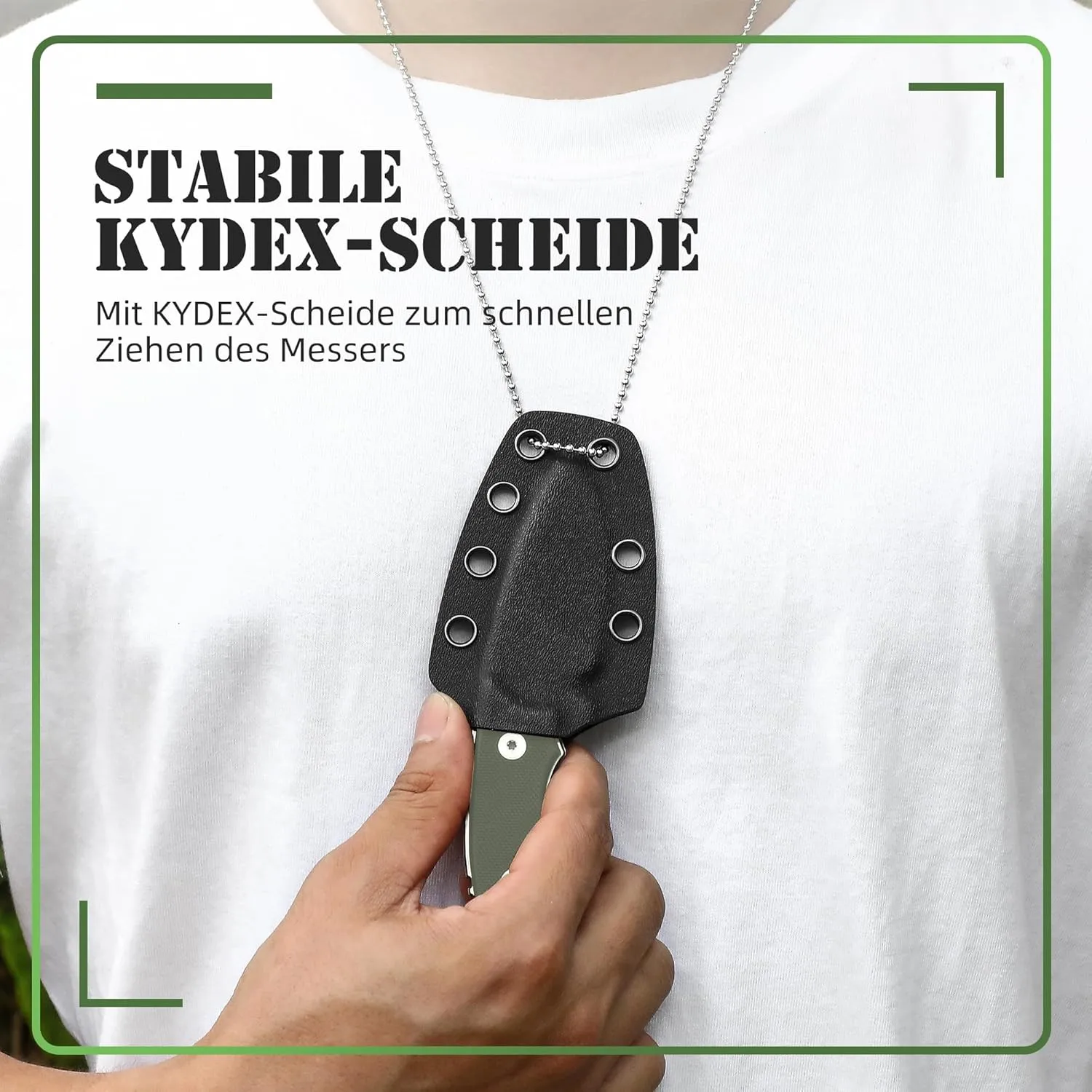 Omesio Neck Knife with Sheath and Necklace, 5.43" Small Fixed Blade Knife, Full Tang with Clip, D2 Steel 2.17-Inch Blade, G10 Handle for Outdoor, Camping, EDC (Black Blade   Green Handle)