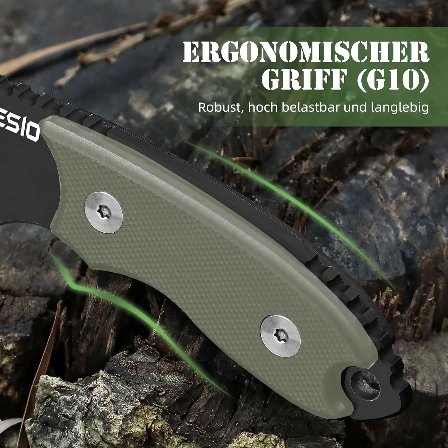 Omesio Neck Knife with Sheath and Necklace, 5.43" Small Fixed Blade Knife, Full Tang with Clip, D2 Steel 2.17-Inch Blade, G10 Handle for Outdoor, Camping, EDC (Black Blade   Green Handle)