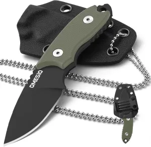 Omesio Neck Knife with Sheath and Necklace, 5.43" Small Fixed Blade Knife, Full Tang with Clip, D2 Steel 2.17-Inch Blade, G10 Handle for Outdoor, Camping, EDC (Black Blade   Green Handle)