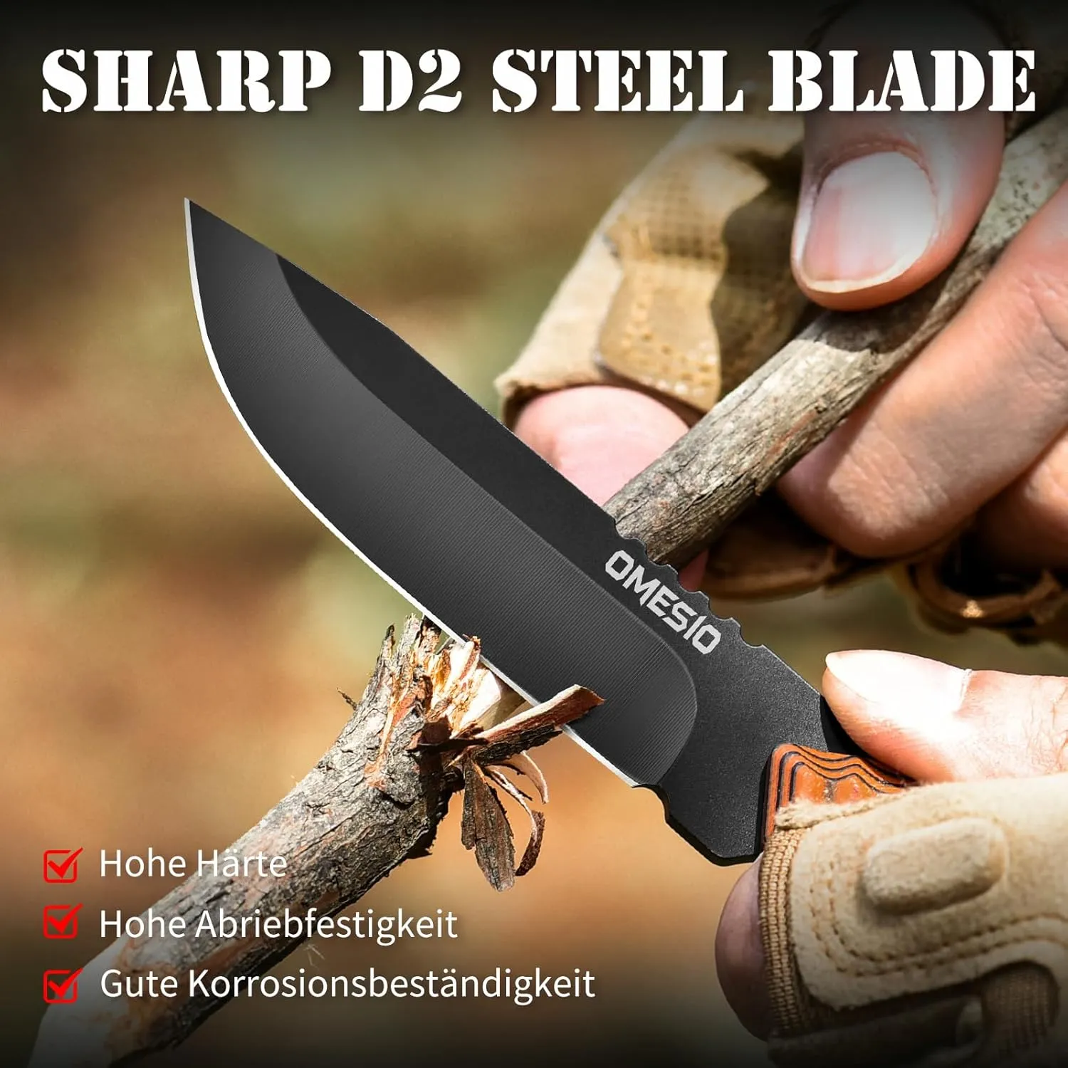 Omesio Small Fixed Blade Knife, 7.6" EDC Fixed Blade Knife with Kydex Sheath, Full Tang D2 Steel G10 Handle for Tactical Outdoor Camping, Versatile for Horizontal and Vertical Carry