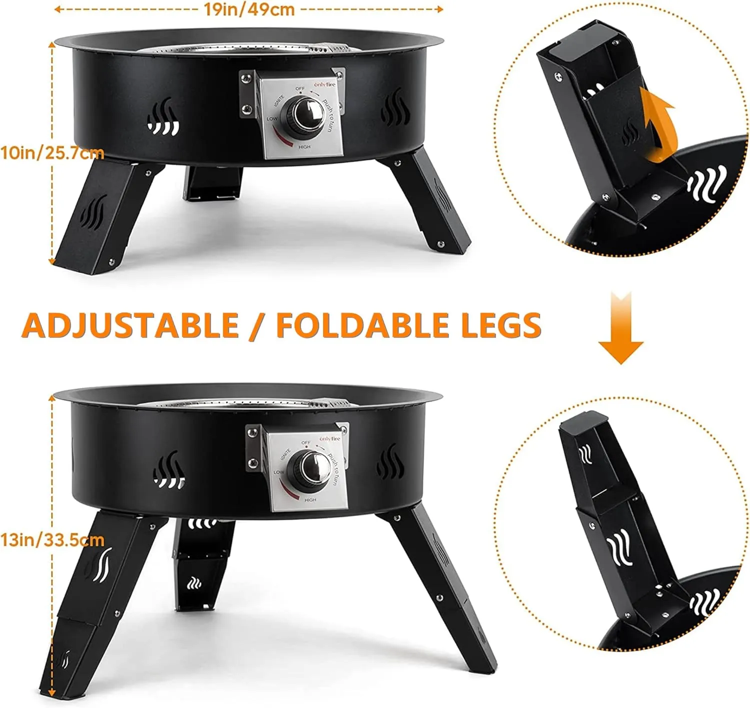 Onlyfire Outdoor Propane Fire Pit 19", Height Adjustable Gas Fire Bowl with Lava Rocks -Portable Gas Fireplace Smokeless Firepit for Outside Camping Bonfire Patio Backyard, 12FT Hose
