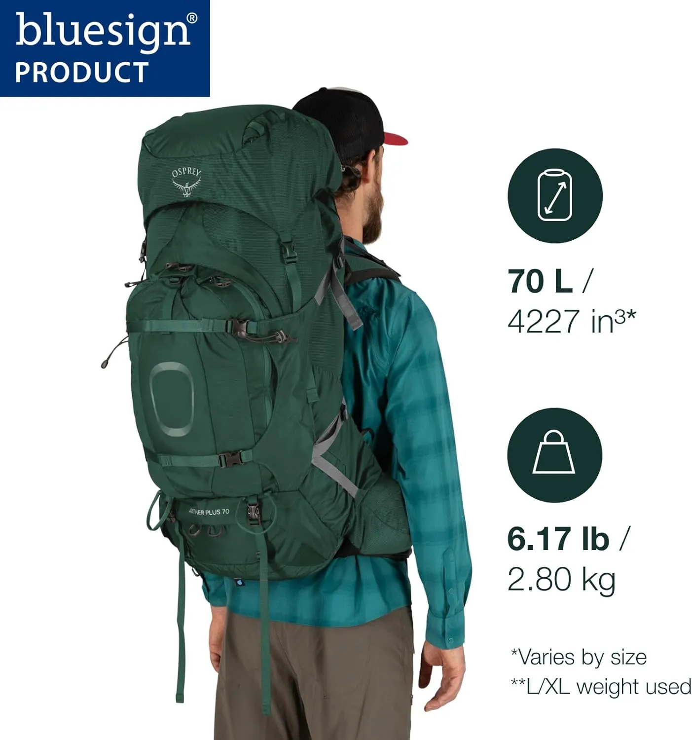 Osprey Aether Plus 70L Men's Backpacking Backpack, Black, S/M