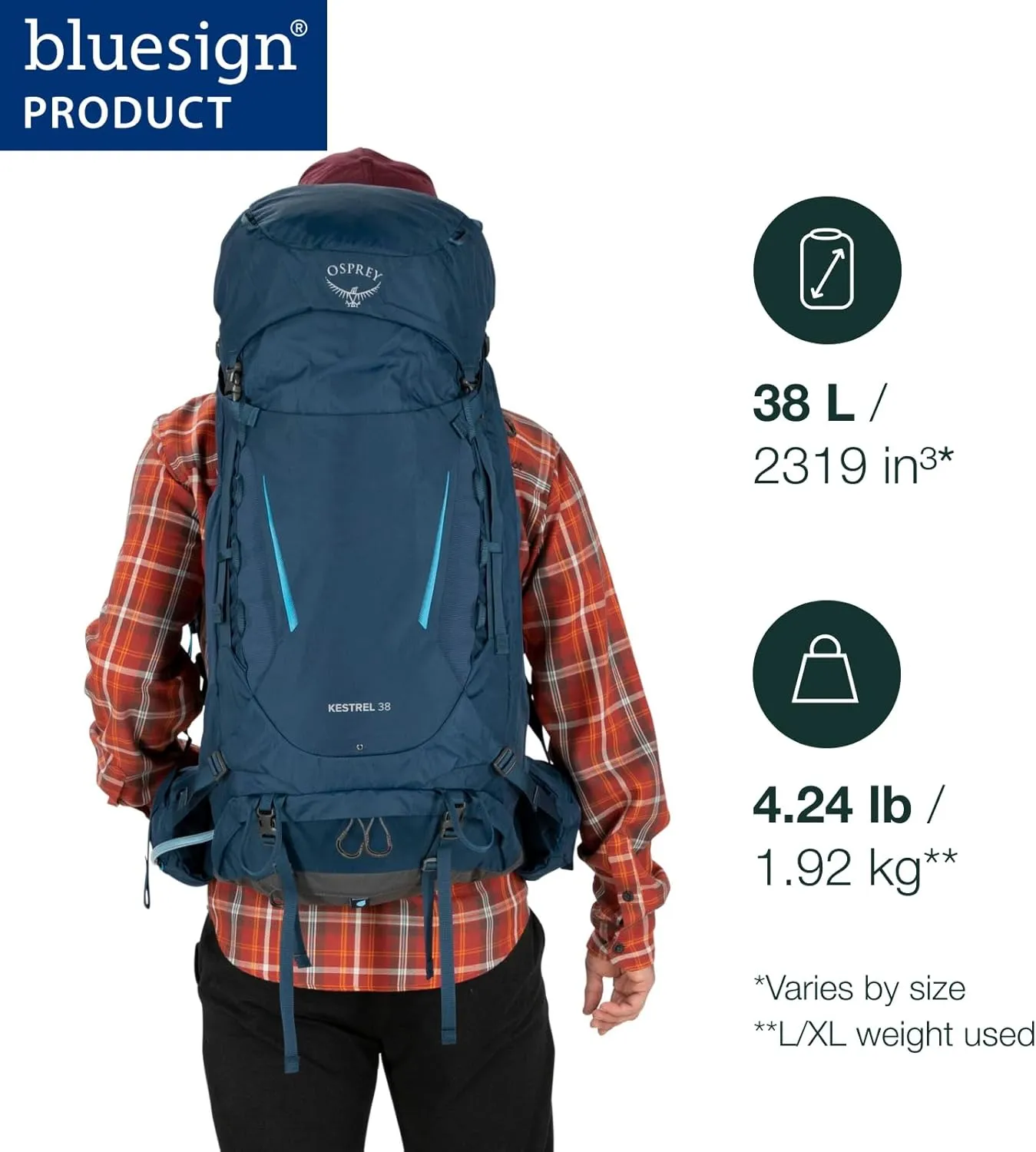 Osprey Kestrel 38L Men's Backpacking Backpack, Atlas Blue, S/M