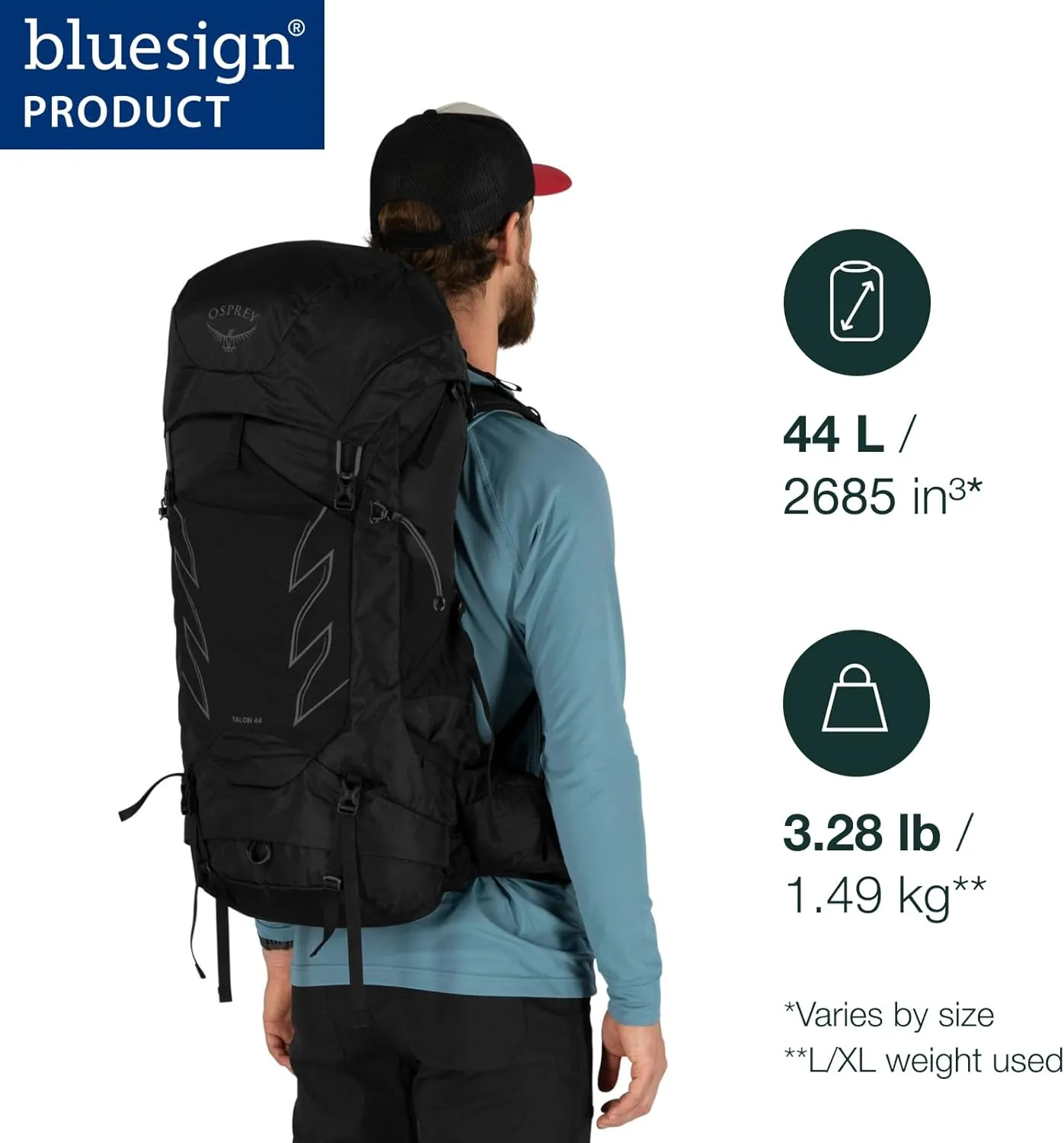 Osprey Talon 44L Men's Hiking Backpack with Hipbelt, Stealth Black, L/XL