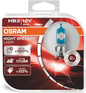 OSRAM NIGHT BREAKER LASER HB3/9005, next generation, 150% more brightness, halogen headlamp, 9005NL-HCB, 12V, passenger car, duo box (2 lamps)