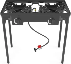 Outdoor & Indoor Portable Propane Stove, Single & Double Burners with Gas Premium Hose, Detachable Legs for Backyard Kitchen, Camping Grill, Hiking Cooking, Outdoor Recreation (DB02-Large,2 Burners)
