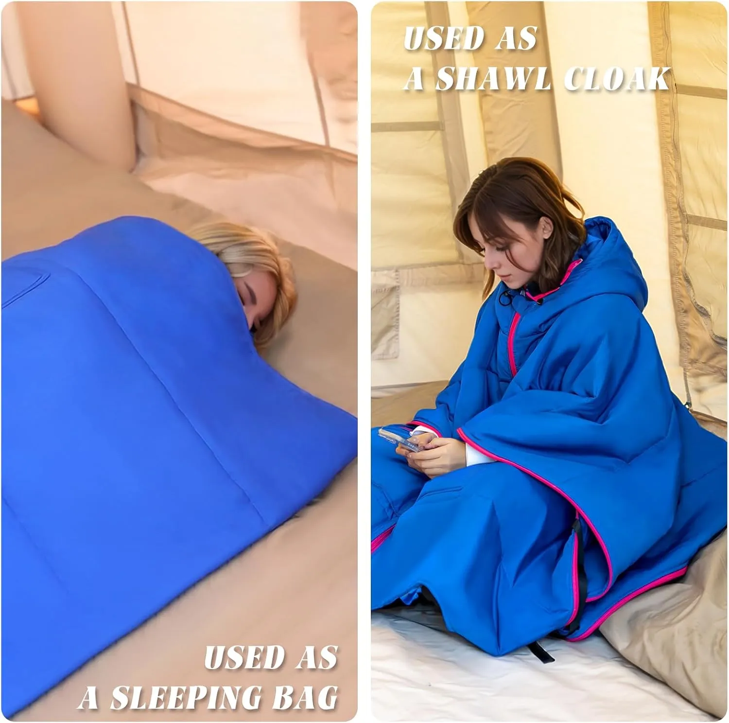 Outdoor Camping Blanket, Poncho Wearable Hoodie Blankets, Waterproof & Windproof, 75 * 55 inch, Warm, Durable & Portable, for Stadium, Concerts, Car Travel, Beach, Picnic, Grass