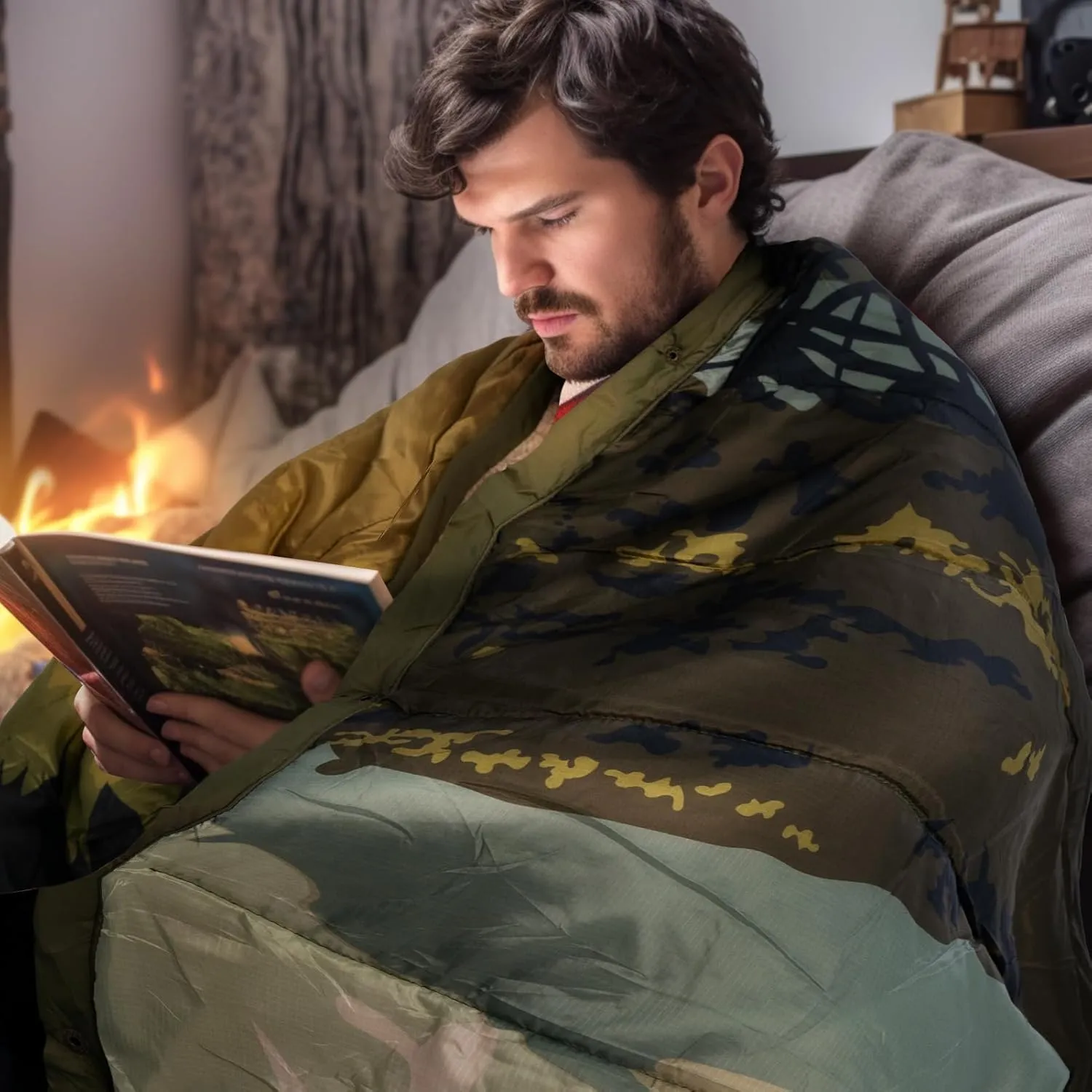 Outdoor Camping Blanket with Sherpa Lining, Extra Warm Thick Camp Blankets and Puffy Ultralight Soft Poncho DWR Camping Quilt for Cold Weather, Adventure, Sleeping, Backpacking 78"x 56"