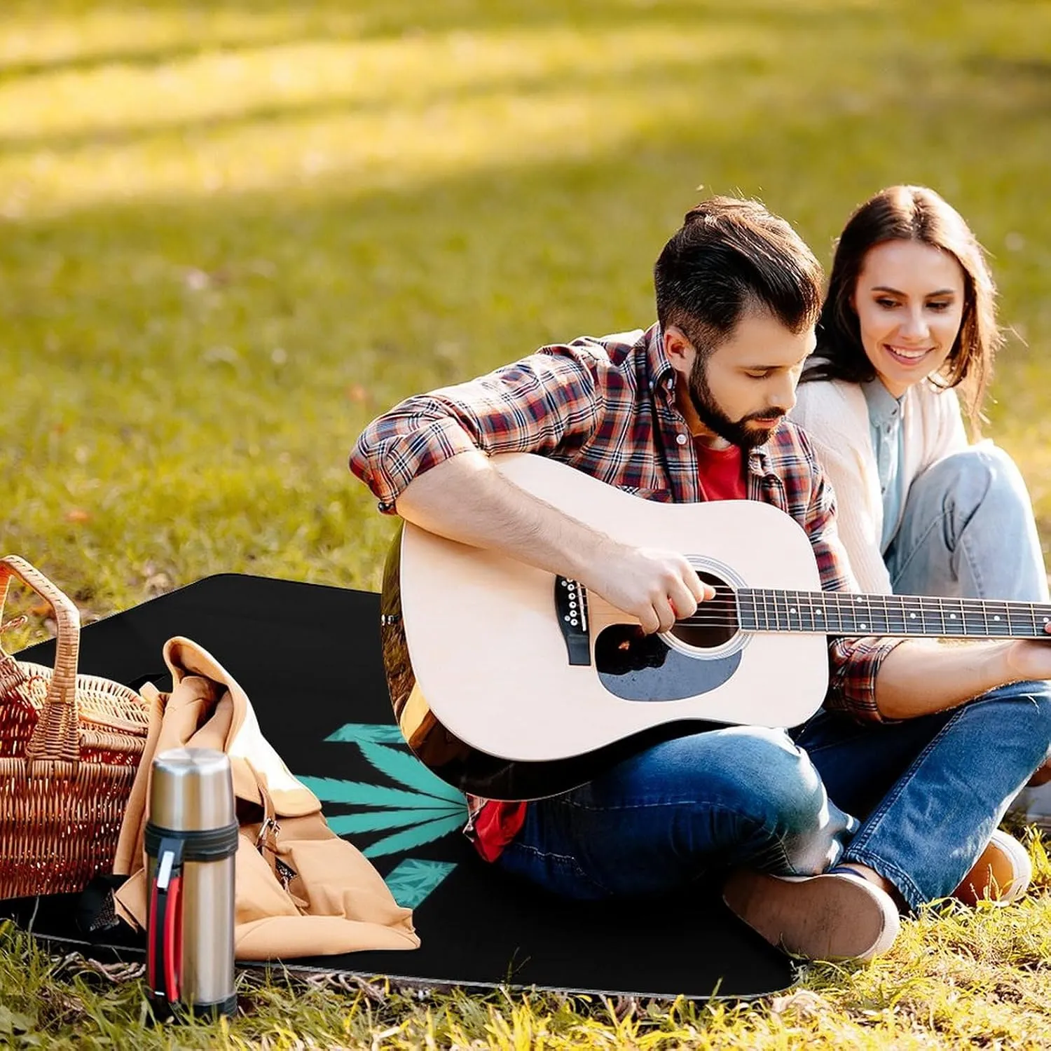 Outdoor Foldable Picnic Mat for Women and Men, Sturdy and Durable Love Weed Leaf Art Blanket for Park Travel Beach Camping
