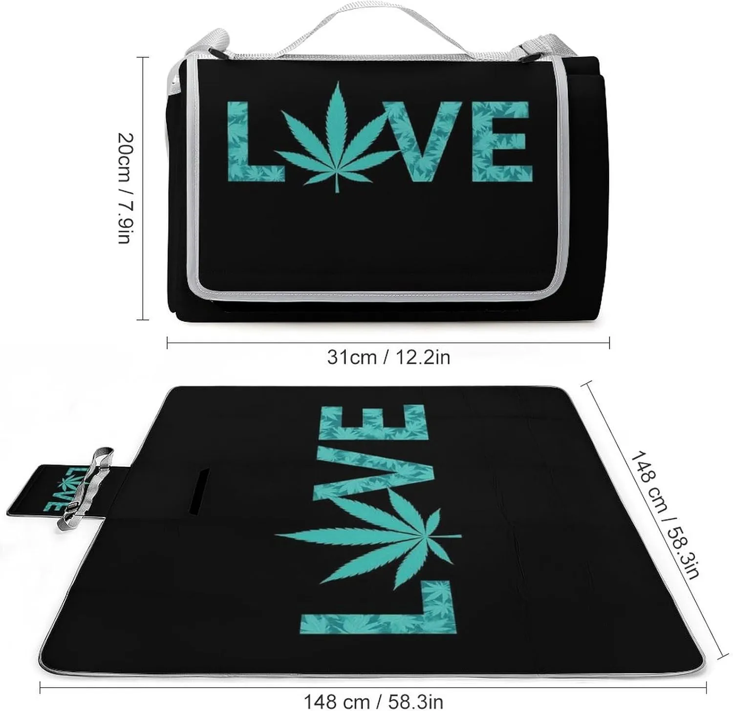 Outdoor Foldable Picnic Mat for Women and Men, Sturdy and Durable Love Weed Leaf Art Blanket for Park Travel Beach Camping