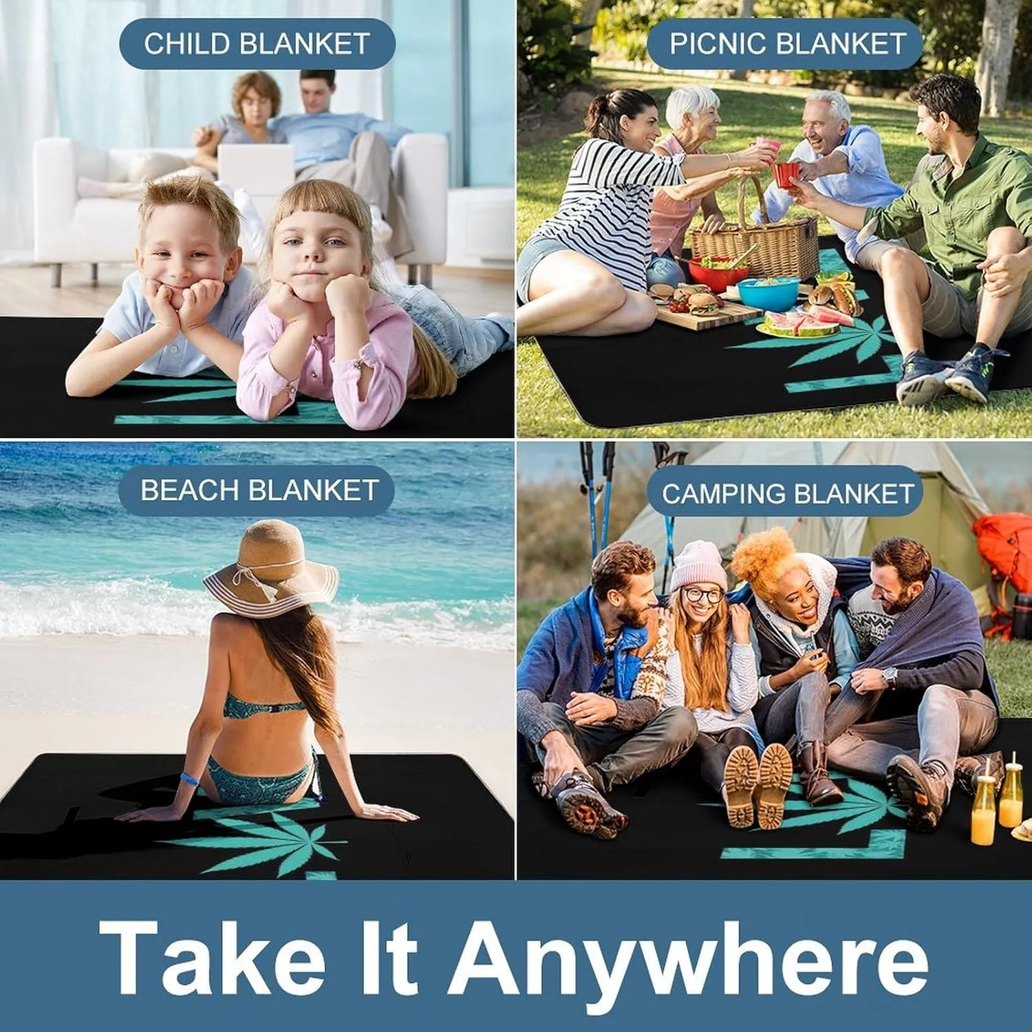 Outdoor Foldable Picnic Mat for Women and Men, Sturdy and Durable Love Weed Leaf Art Blanket for Park Travel Beach Camping