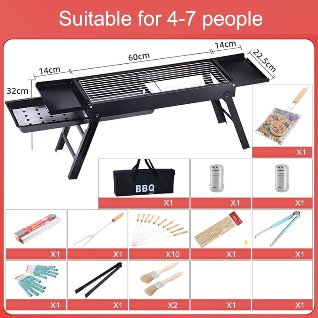 Outdoor Folding Barbecue Grill, Portable Charcoal Grill,BBQ Grill for 4-8 Persons, for Camping Garden Grill with Utensil (Black 60 * 22.5 * 32cm)