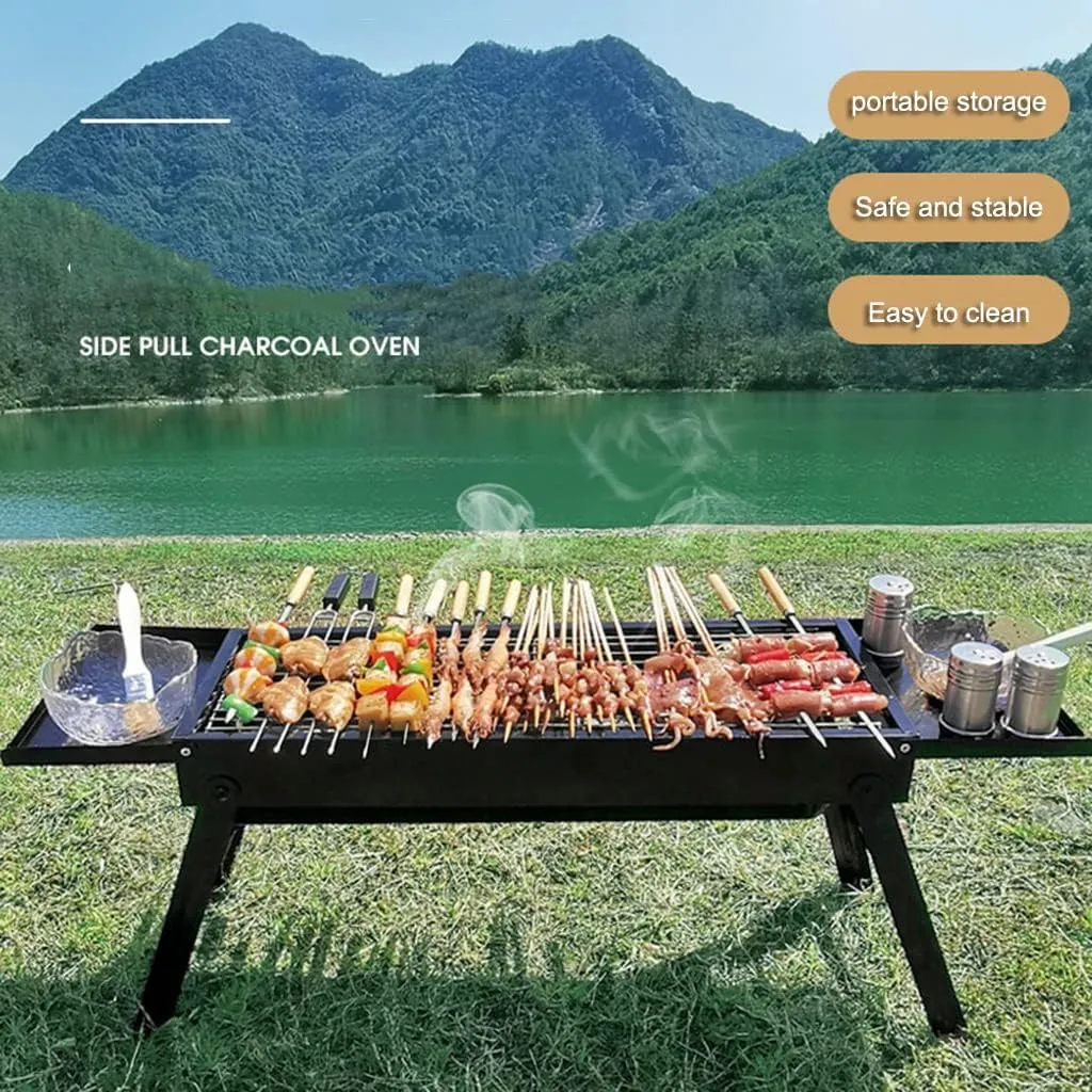 Outdoor Folding Barbecue Grill, Portable Charcoal Grill,BBQ Grill for 4-8 Persons, for Camping Garden Grill with Utensil (Black 60 * 22.5 * 32cm)